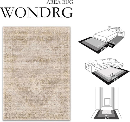 2x6 Washable Neutral Runner Rug Beige Vintage Hallway Kitchen Carpet Non-Slip - Image 2