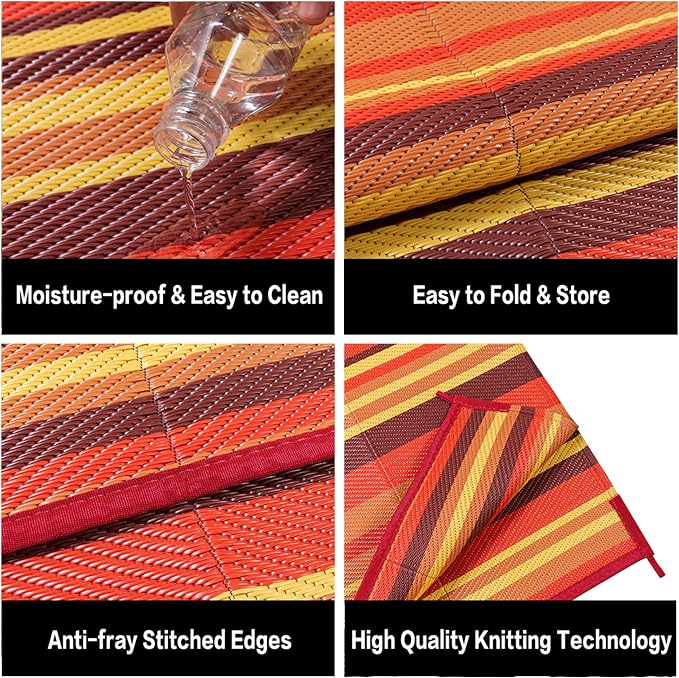 Outdoor Plastic Straw Rug Waterproof Patio 6x9 Red Orange Stripe Mat - Image 7