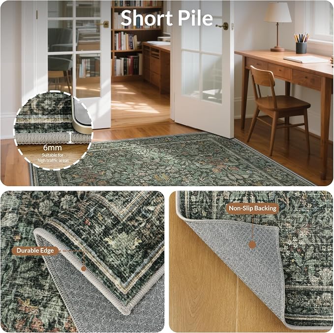 GENIMO 6x9 Washable Area Rug, Non-Slip Vintage Boho Floral Carpet, Soft - Image 5