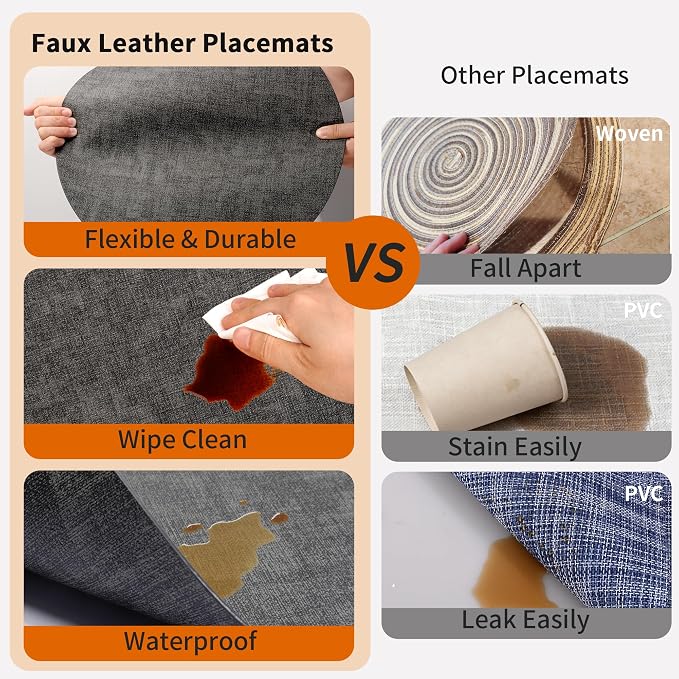 Maxpearl Faux Leather Round Placemats Set of 6, 13.8 inch, Dark Grey | - Image 5