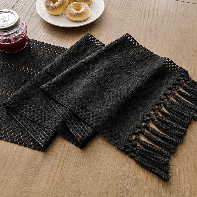 Macrame Style Boho Table Runner, 12x72 Inch Black | Woven Boho Table Runner - Image 7