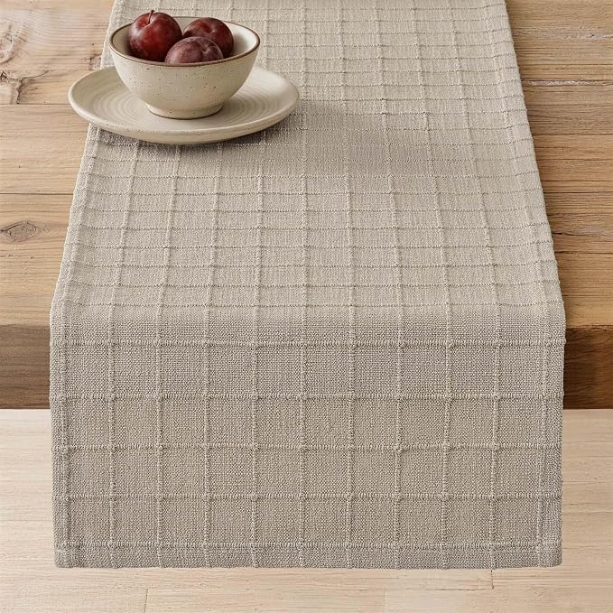 Artisanal Grid Linen Table Runner, 13x72 Inches Oatmeal | Heavy Textured by ZEEMARTONLINE