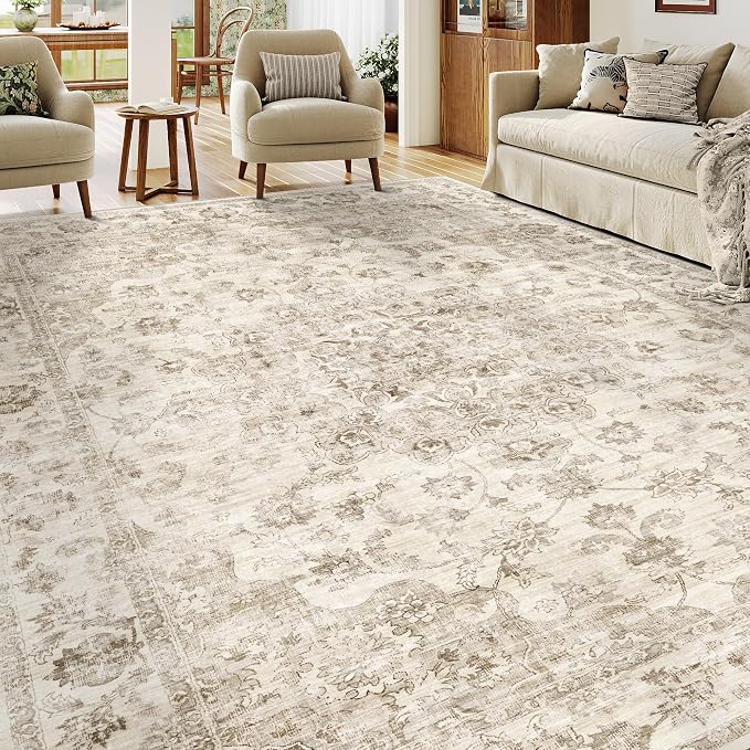 9x12 Neutral Area Rug Beige Vintage Living Room Bedroom Washable Carpet - Image 3