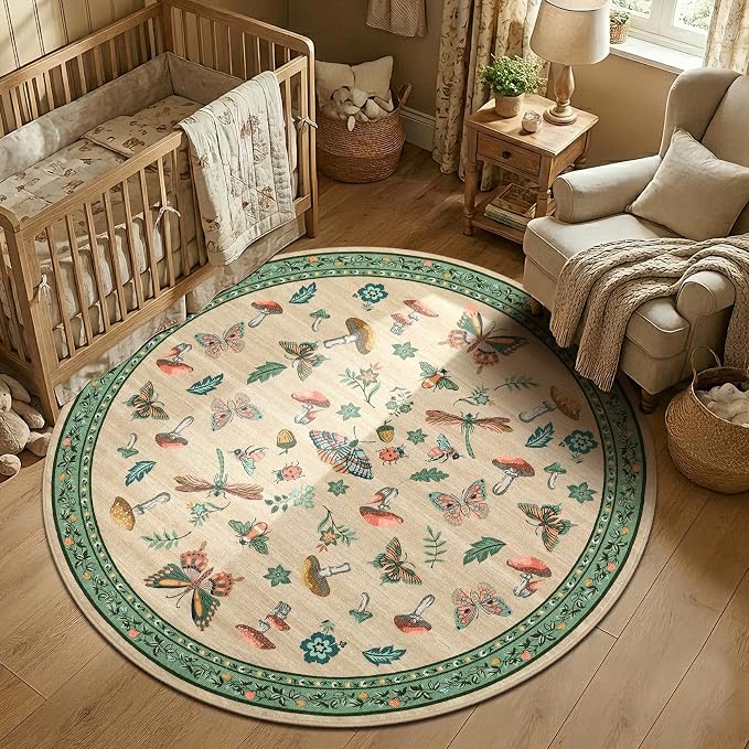 Mushroom Insect 5ft Round Rug Washable Non-Slip Soft Ultra-Thin Small Boho - Image 3