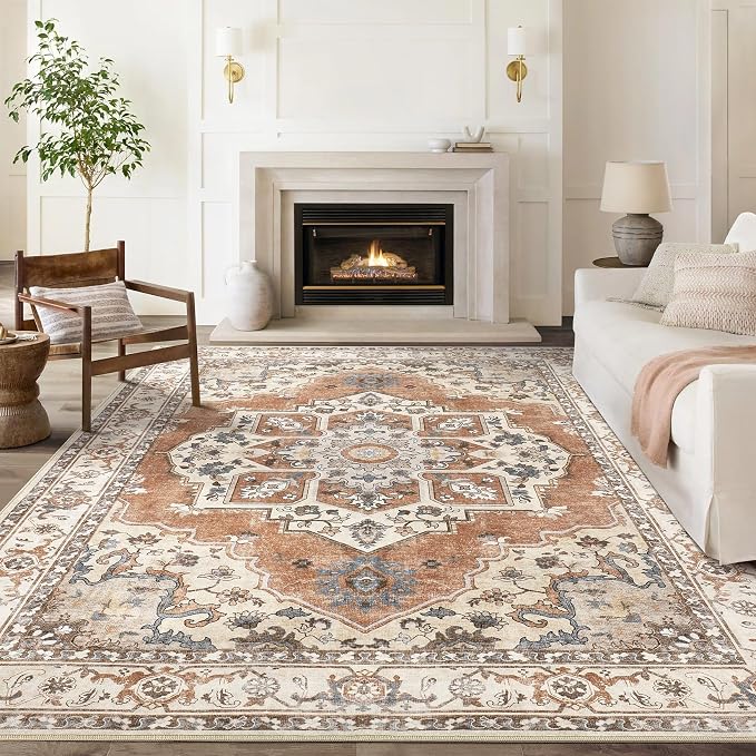 6x9 Washable Area Rug: Vintage Neutral Soft Non Slip Thin Large Floor Carpet - Image 2