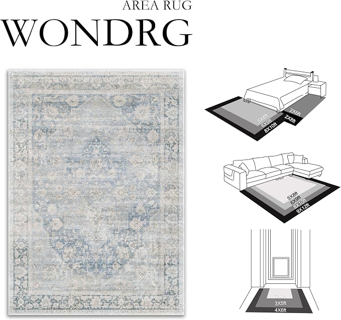 2x3 Washable Neutral Area Rug Blue Vintage Entryway Kitchen Carpet Non-Slip - Image 2