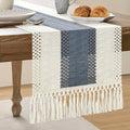 Macrame Style Bicolor Stitching Table Runner 14x90in Navy | Woven Boho Table by ZEEMARTONLINE