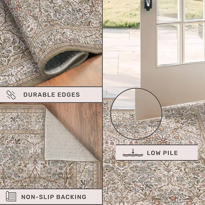 Hazo Haus Vintage Moss Green Living Room Rug, Neutral Taupe 8x10 Washable Area - Image 4