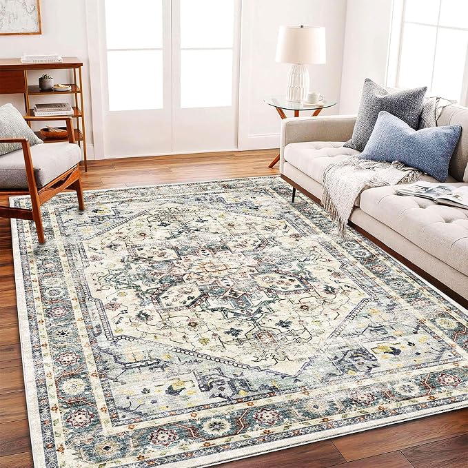 CHAMPLANT Washable Area Rug 10'x14' Cyan Khaki Retro Flowers Boho Design - Image 2