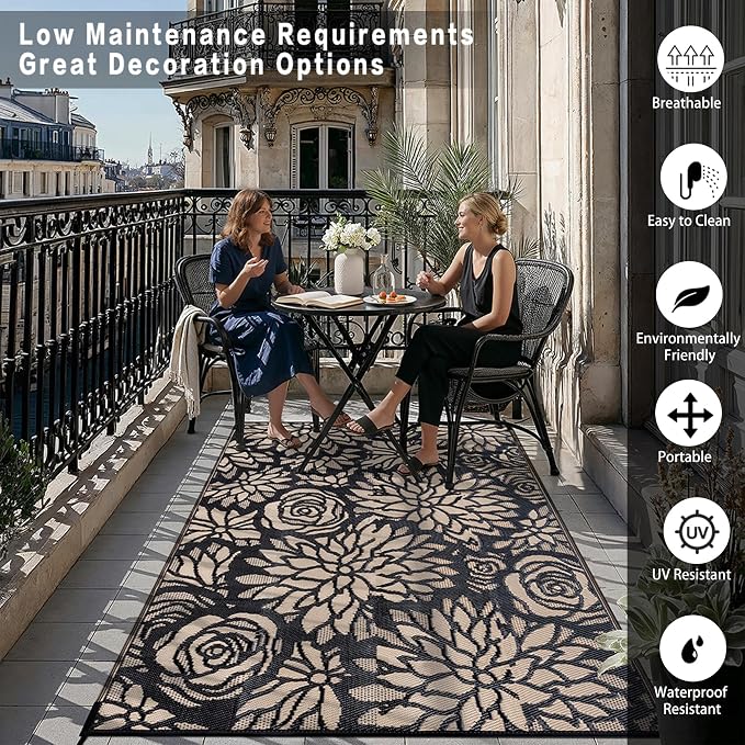 Outdoor Plastic Straw Rug Waterproof Patio 5x8 Black Brown Floral Mat - Image 5