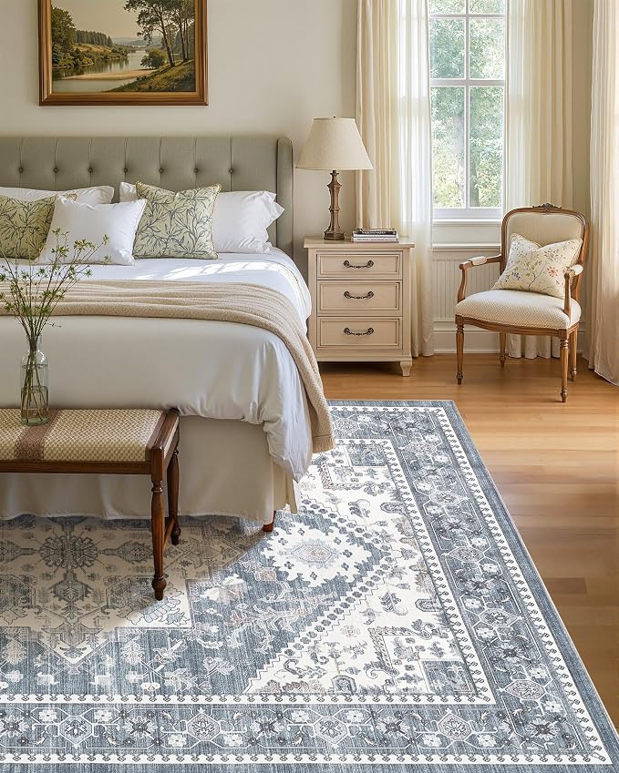 10x14 Vintage Area Rug: Washable Neutral Soft Non Slip Thin Large Floor Carpet - Image 3