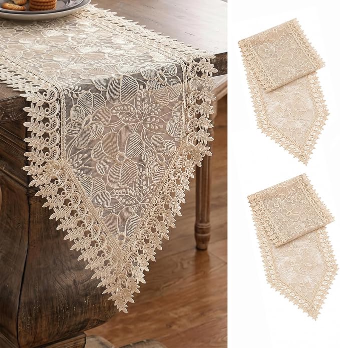 SIOLOC 2 Pack Champagne Lace Runner 14x48, Floral Embroidered | Matching by HEALTHYCOMFORTLIFE