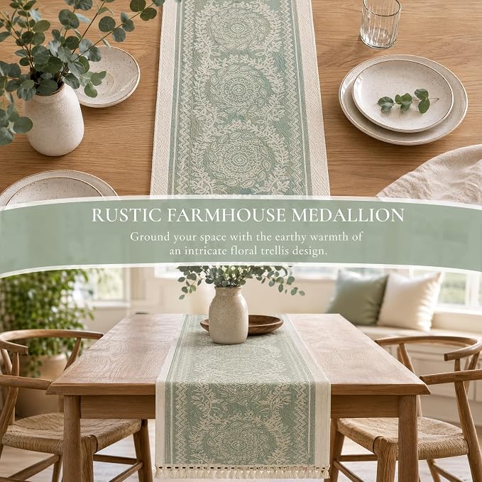 14x83 Medallion Table Runner Waterproof Rustic Farmhouse Macrame | Hosting a - Image 6