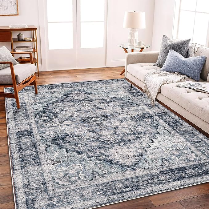 CHAMPLANT Washable Area Rug 10'x14' Dark Blue Retro Flowers Boho Design - Image 2