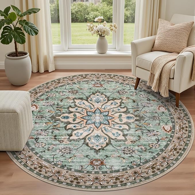 Round Area Rug for Living Room: 6ft Washable Vintage Boho Soft Thin Circle Rug - Image 2