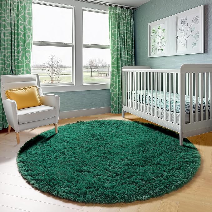 ONASAR Dark Green Round Area Rugs 5ft, Fluffy Soft Bedroom Circle Rug - Image 7