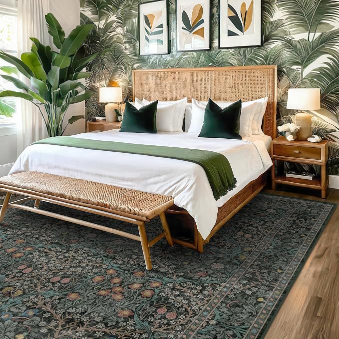Dark Green Floral Living Room Rug 5x7 Area Rug - Image 4