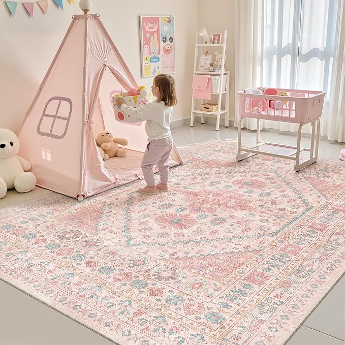 zesthome 7x9 Washable Rugs for Baby Girl, Super Soft Pink Rugs for Nursery Room by Zesthome