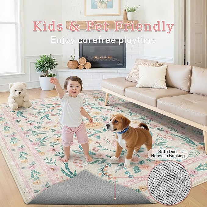 Pink Floral Area Rug 6x9, Soft Washable Girls Bedroom Rug - Image 7