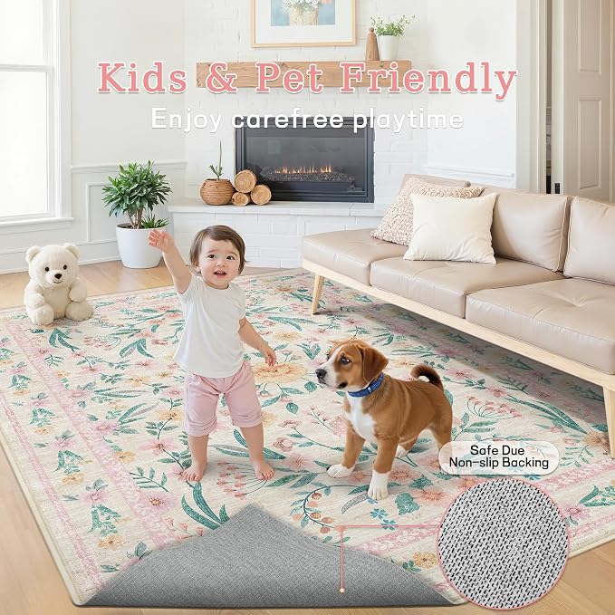 Pink Floral Area Rug 4x6, Washable Non-Slip Soft Carpet - Image 5