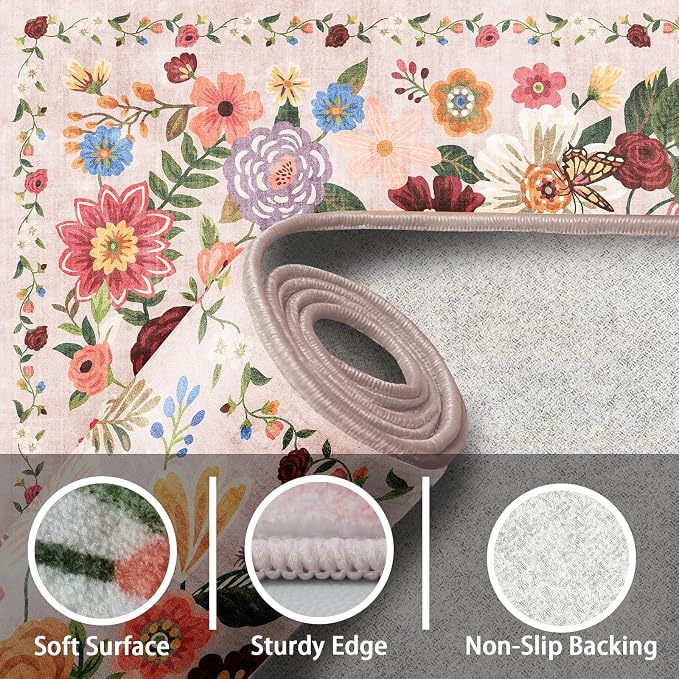 Blush Floral Hallway Runner Carpet Non-Slip, 2x10 Washable Rug Ultra-Thin Soft - Image 3