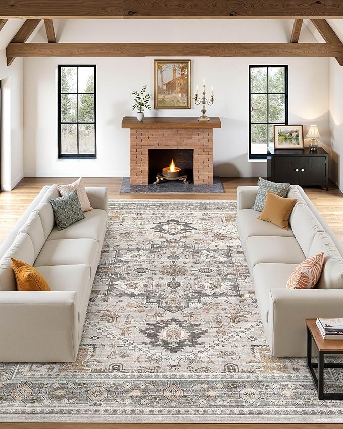 7x9 Vintage Area Rug: Washable Neutral Soft Non Slip Thin Large Floor Carpet - Image 2