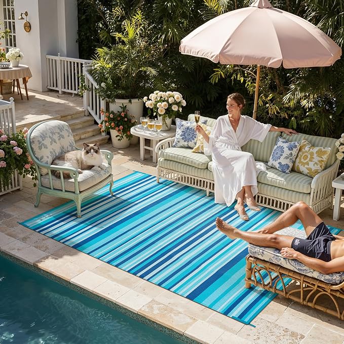 Outdoor Plastic Straw Rug Waterproof Patio 5x8 Blue Teal Stripe Mat - Image 2