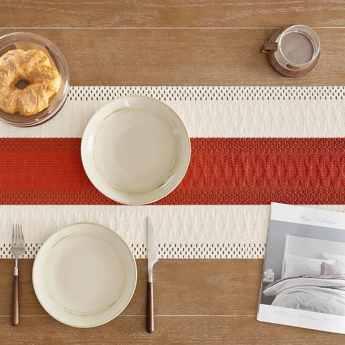 Macrame Style Bicolor Stitching Table Runner 14x72in Orange | Woven Boho Table - Image 5