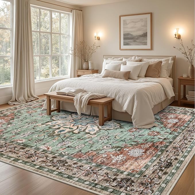 Area Rugs 10x12 Living Room Rug: Washable Rug Soft Vintage Distressed Floral - Image 3