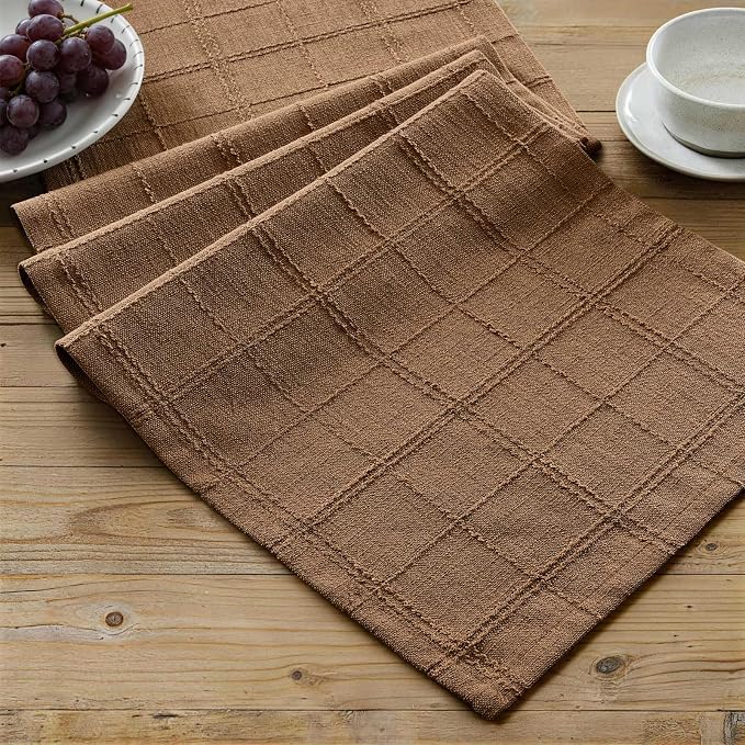Linen Checked Farmhouse Table Runner, 13x72 Inches Roasted Brown | Raised Grid by ZEEMARTONLINE