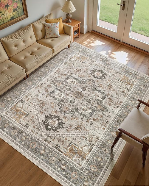 10x12 Vintage Area Rug: Washable Neutral Soft Non Slip Thin Large Floor Carpet - Image 2