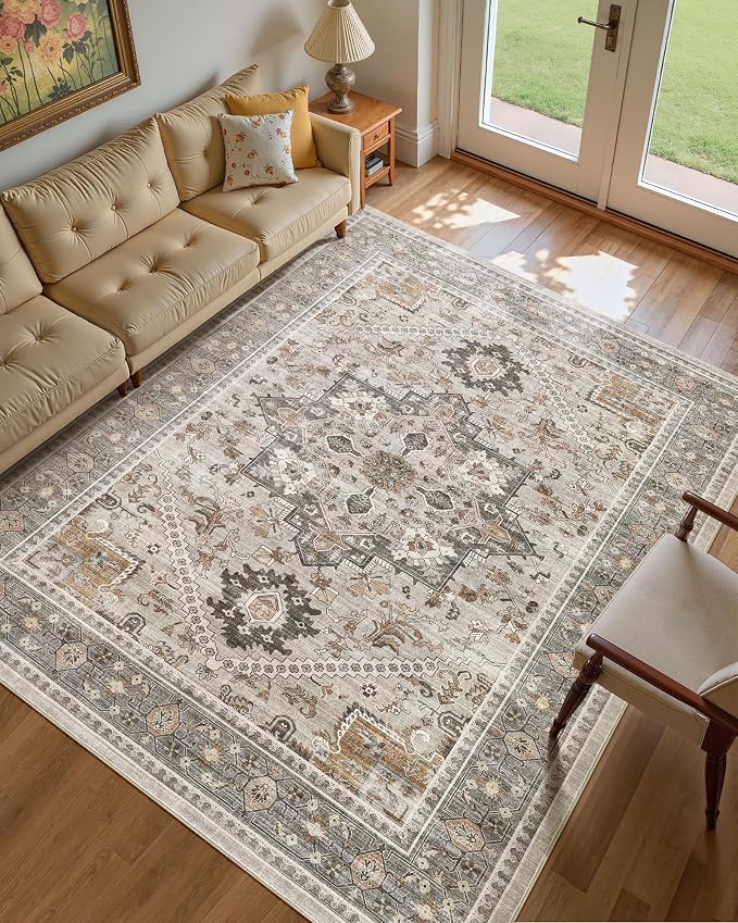 9x12 Vintage Area Rug: Washable Neutral Soft Non Slip Thin Large Floor Carpet by MICGEEK