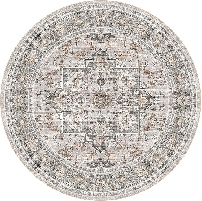 5ft Round Area Rug: Washable Vintage Neutral Soft Non Slip Thin Large Floor - Image 9