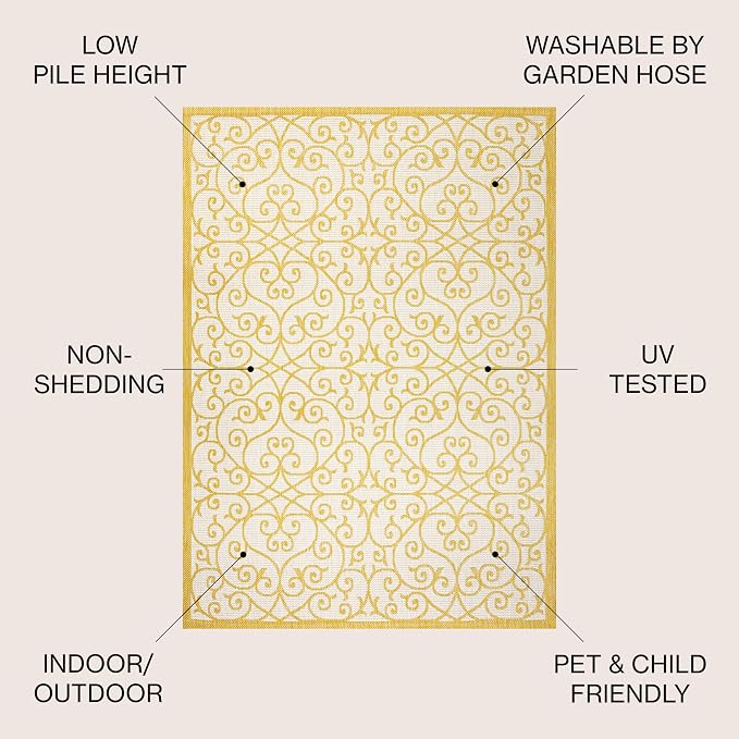 JONATHAN Y Vintage Filigree Indoor Outdoor Area Rug 4X6 Cream/Yellow, Madrid - Image 3