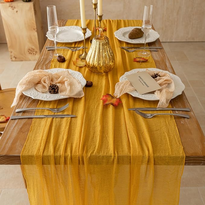 3Pcs Fall Orange Cheesecloth Table Runner 120 Inch Party Home Decor | - Image 5