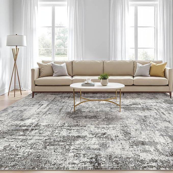 7x10 Area Rug Living Room: Washable Large Abstract Neutral Modern Soft Gray Rug - Image 5