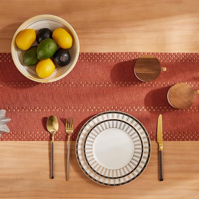 Macrame Style Boho Table Runner, 12x48 Inch Rust | Woven Boho Table Runner - Image 4