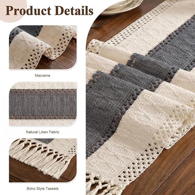 Boho Macrame Table Runner with Tassels Farmhouse Rustic Dining Woven Table - Image 6