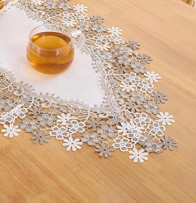 White Beige Floral Lace Table Runner Dresser Scarf | Floral Lace Border - Image 4