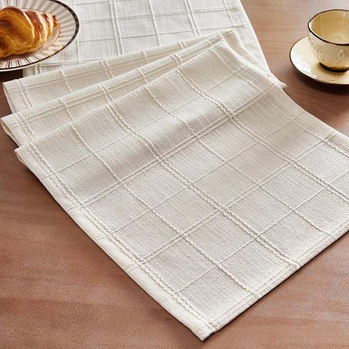 Linen Checked Farmhouse Table Runner, 13x60 Inches Ivory | Raised Grid Design by ZEEMARTONLINE