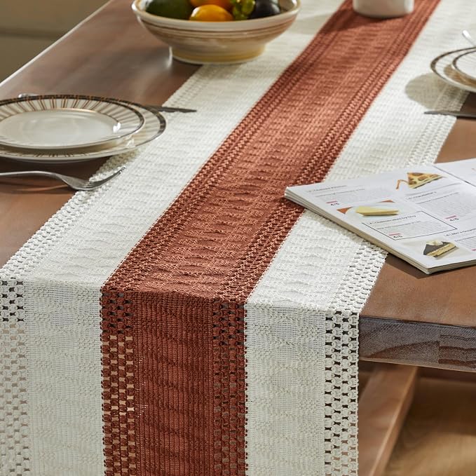 Macrame Style Bicolor Stitching Table Runner 14x72in Terracota | Woven Boho - Image 5
