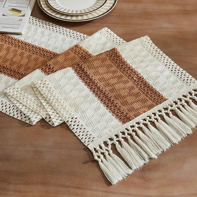 Macrame Style Bicolor Stitching Table Runner 14x48in Caramel | Woven Boho Table by ZEEMARTONLINE