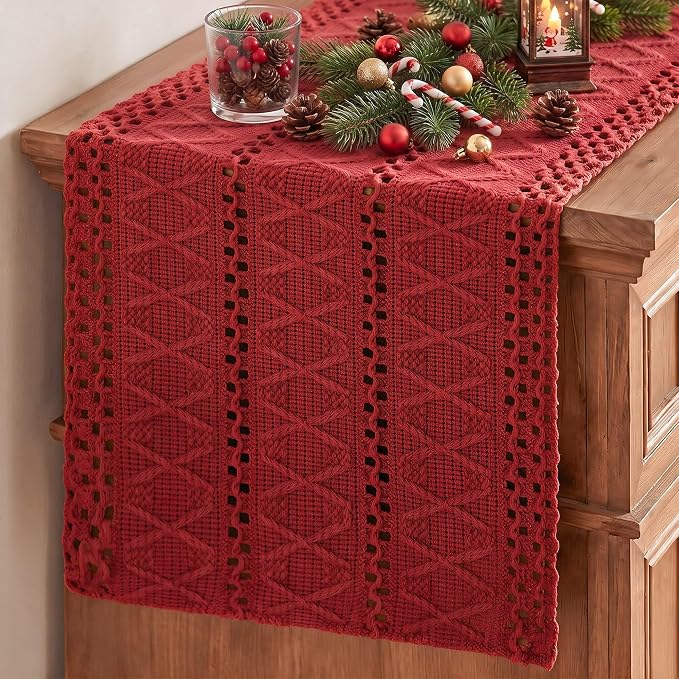Artoid Mode Rose Red Woven Farmhouse Hollow Table Runner 12x120 Inch | Holiday by ArtoidMode
