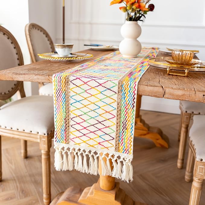 EMMTEEY Macrame Table Runner Boho Style 94 Inches Long, Hexagonal Colorful | - Image 6