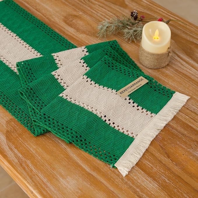 Keketoarrange Christmas Green Boho Table Runner 12x48 Inch | Woven Burlap by KEKETOARRANGE