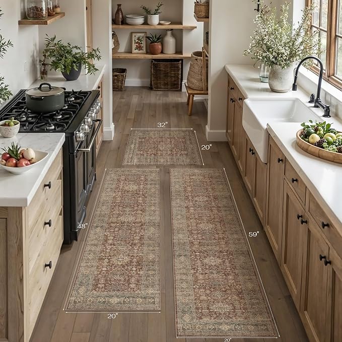 Vintage Kitchen Rug Set of 3 Washable Rust Kitchen Mats - Image 4