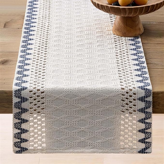 Macrame Side Trim Boho Woven Table Runner, Dusty Blue 12x60 Inch | Crochet - Image 6