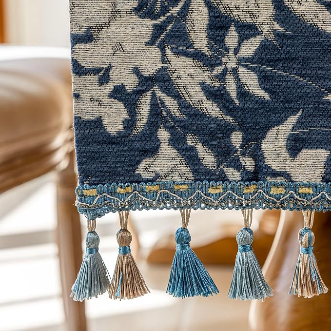 Botanical Jacquard Floral Dining Table Runner Blue 13 x 94 Inch | Jacquard - Image 8