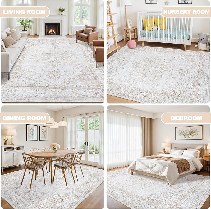 8x10 Area Rugs for Living Room:Beige Washable Vintage Medallion Rug Non-Slip - Image 6