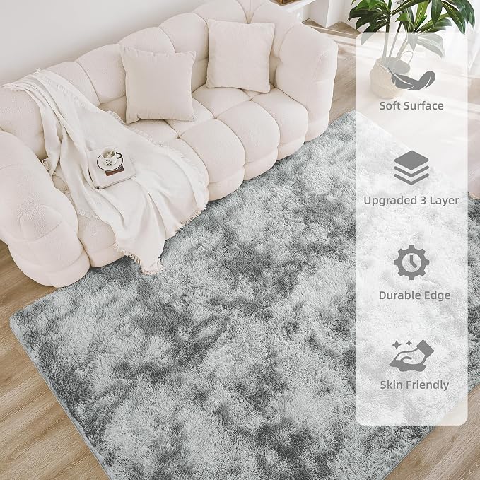 Litanika 6x9 Shag Area Rug for Living Room Bedroom, Tie-Dyed Light Grey High - Image 4